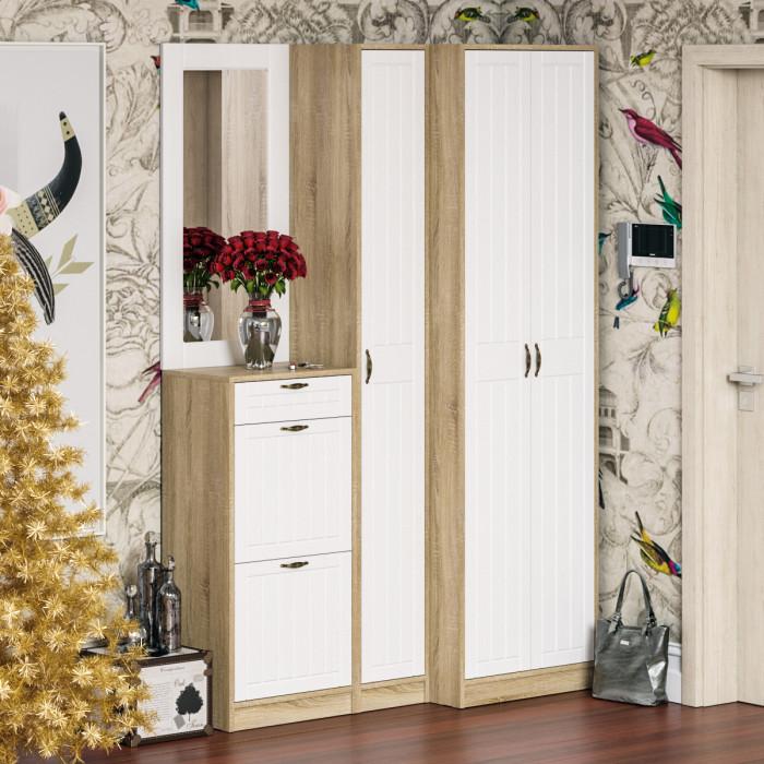 Прихожая П-6 Тумба для обуви 2 секции + Зеркало, дуб сонома/фасады МДФ белое дерево фрезеровка прованс