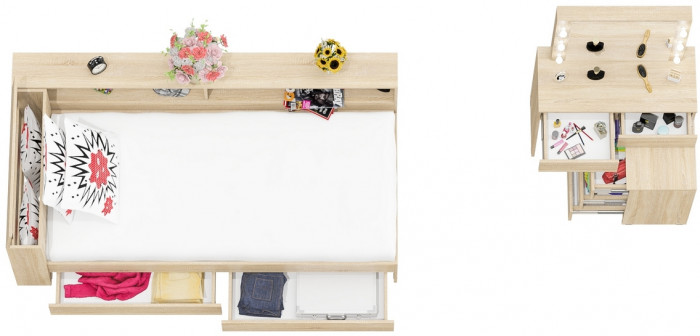 Ксения Кровать с ящиками 0900 + прикроватный блок + Столик с подсветкой 110, дуб сонома