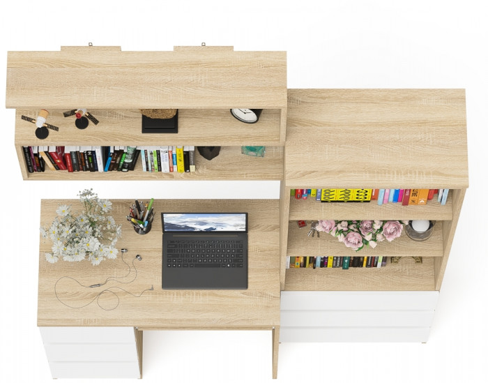 Мори компьютерный стол МС-6 левый + Стеллаж МСТ600.3 + Полка 900, дуб сонома/белый