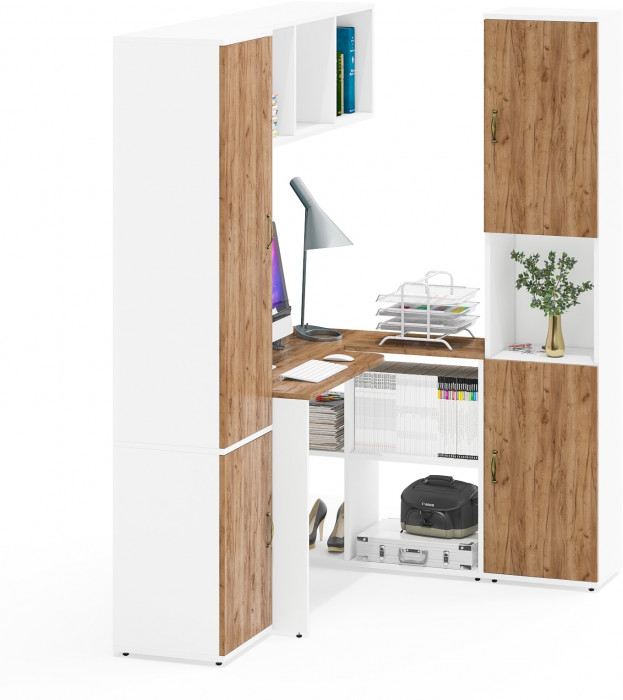 Лидер-8 Пенал МД 22Б + Стол + Полка + Пенал, цвет белый шагрень/крафт золото, ШхГхВ 245х50х75/190 или 155х120/50х75/190 см., НЕ универсальная сборка