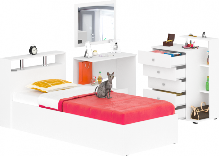 Камелия спальня № 7 Кровать 900 + Стол косметический + Зеркало + Комод, цвет белый, сп.м. 900х2000 мм., б/м, основание есть