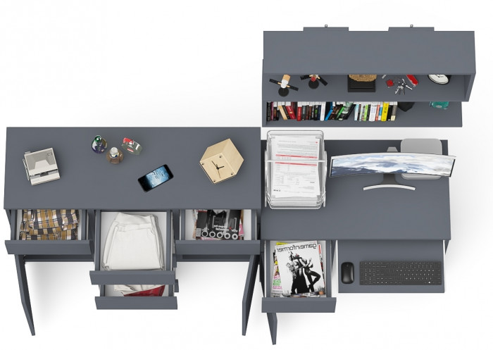 Мори Стол компьютерный МС-1 левый + Комод МК1200.4 + Полка 900, цвет графит, ШхГхВ 210,4х50х209,6 см., НЕ универсальная сборка