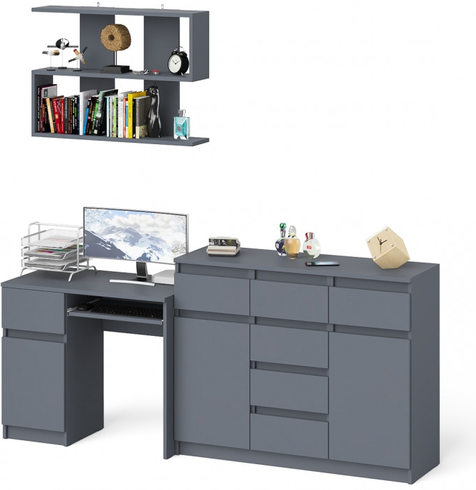 Мори Стол компьютерный МС-1 левый + Комод МК1200.4 + Полка 900, цвет графит, ШхГхВ 210,4х50х209,6 см., НЕ универсальная сборка