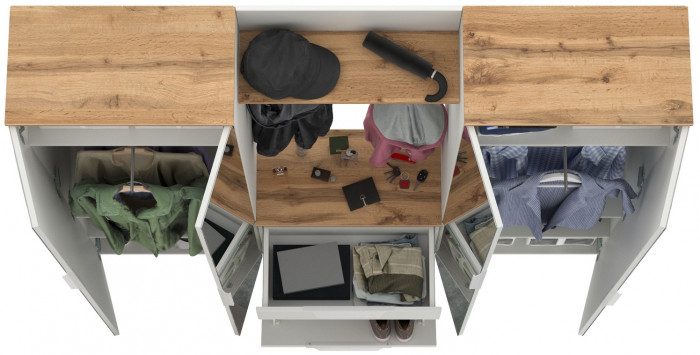 Октава Прихожая 27, цвет белый шагрень/дуб крафт золотой/фасады МДФ белый шагрень, ШхГхВ 193,7х35,4х197,6 см., универсальная сборка