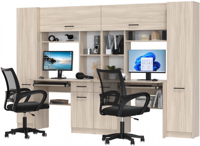 Два стола рабочих 6-0603 Альфа + два кресла 103 чёрных, ясень шимо светлый