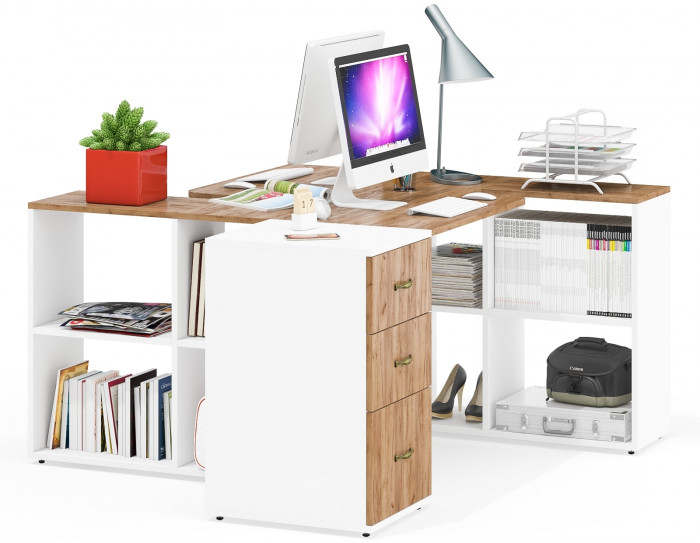 Лидер-8 Стол + Стол + Тумба МД 3.16, белый шагрень/крафт золото