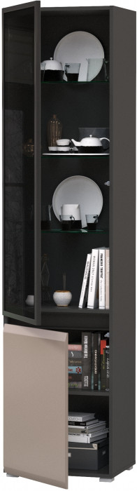 Сидней 13.201 Шкаф-витрина, цвет корпус: антрацит/фасады: МДФ веллюто капучино/прозрачное стекло с серой тонировкой, ШхГхВ 50х41,3х205,2 см., ун. сб.