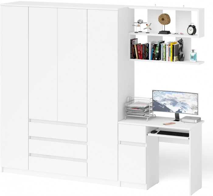 Мори компьютерный стол МС-1 левый + Шкаф МШ1600.1 + Полка 900, белый