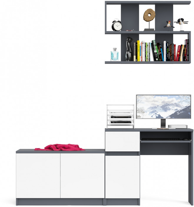 Мори Стол компьютерный МС-1 левый + Тумба МА900.1 + Полка 900, цвет графит/белый, ШхГхВ 180,4х50,4х209,6 см., НЕ универсальная сборка