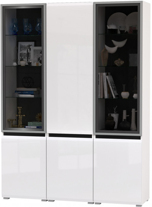 Сидней 13.201 Шкаф-витрина 2 штуки + Шкаф 13.200, корпус: белый/чёрный/фасады: МДФ белый глянец/стекло