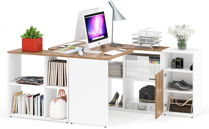 Лидер-8 Стол + Стол + Тумба МД 3.19, белый шагрень/крафт золото