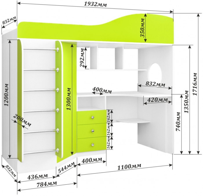 Кровать-чердак Кадет 1 с металлической лестницей (Дуб молочный/Ирис)