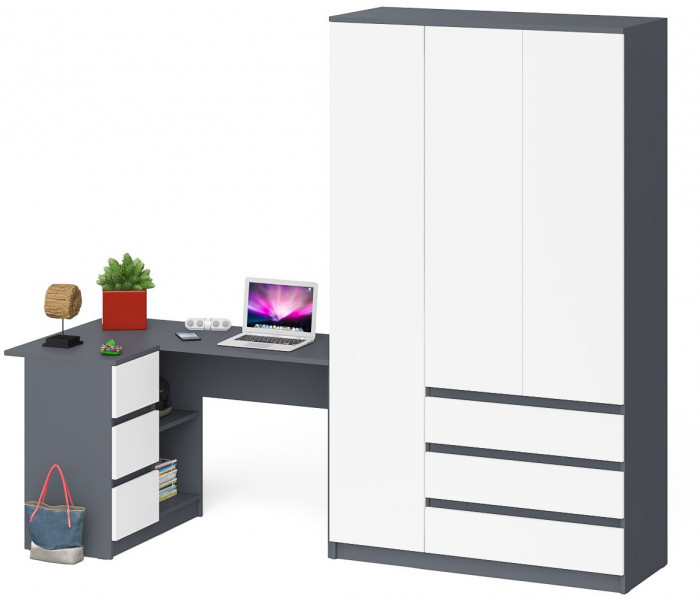 Мори Стол компьютерный МС-16 левый + Шкаф МШ1200.1, цвет графит/белый, ШхГхВ 244,8х84,9х209,6 см., выдвижные ящики слева, НЕ универсальная сборка