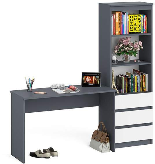 Мори Стол письменный МСП1200.1 + Стеллаж МСТ600.3, цвет графит/белый, ШхГхВ 180,8х50х179,6 см., универсальная сборка