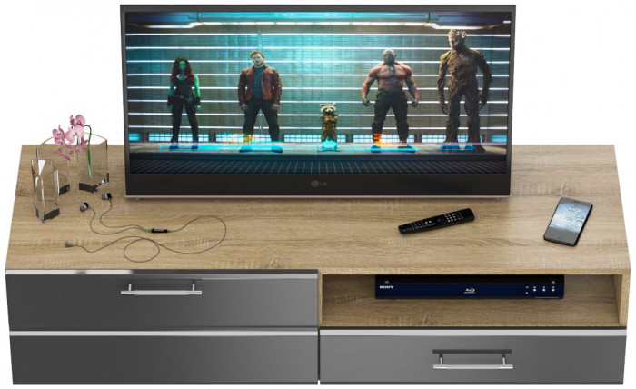 Тумба под ТВ Ларго 1,4, цвет корпус дуб сонома/фасады МДФ графитово-серый глянец, ШхГхВ 140х46х35 см., НЕ универсальная сборка