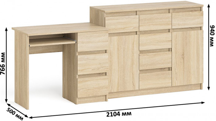 Мори Стол компьютерный МС-6 правый + Комод МК1200.4, цвет дуб сонома, ШхГхВ 210,4х50х94 см., выдвижные ящики справа, НЕ универсальная сборка