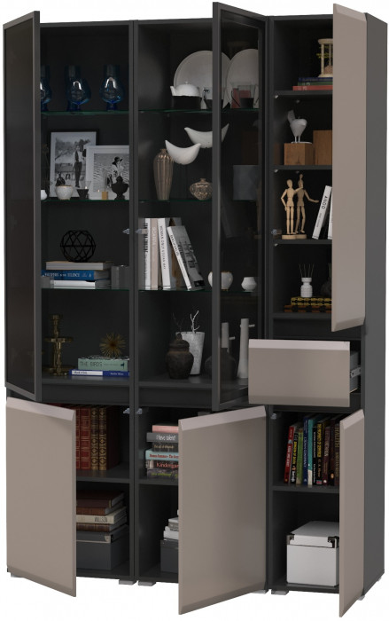 Сидней 13.201 Шкаф-витрина 2 штуки + Шкаф с ящиком 13.202, корпус: антрацит/фасады: МДФ веллюто капучино/стекло