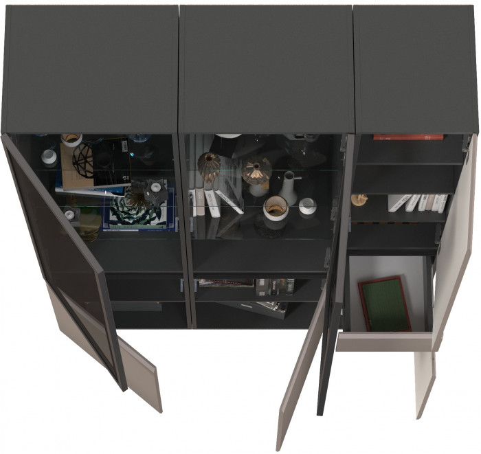 Сидней 13.201 Шкаф-витрина 2 штуки + Шкаф с ящиком 13.202, корпус: антрацит/фасады: МДФ веллюто капучино/стекло