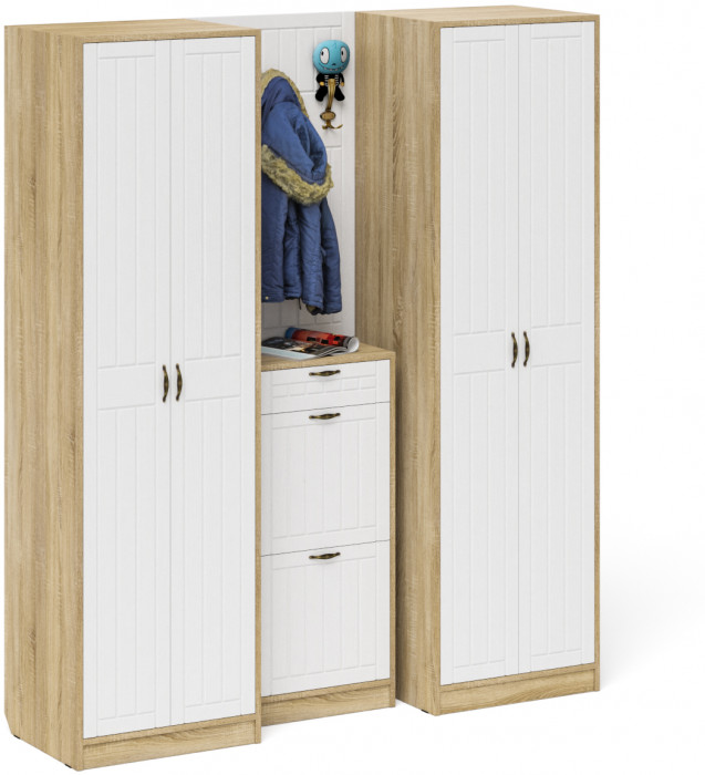 Прихожая П-6 Компоновка № 15, цвет дуб сонома/фасады МДФ белое дерево фрезеровка прованс, ШхГхВ 180х50х210 см., универсальная сборка