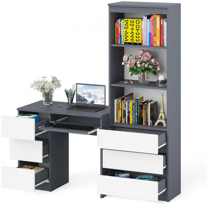 Мори компьютерный стол МС-6 левый + Стеллаж МСТ600.3, графит/белый