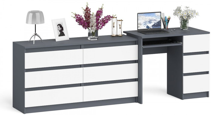 Мори компьютерный стол МС-6 правый + Комод МК1380.6, графит/белый