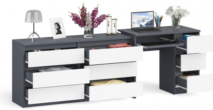 Мори компьютерный стол МС-6 правый + Комод МК1380.6, графит/белый