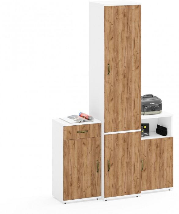 Лидер-8 Пенал МД 22Б + Тумба МД 3.15 + Тумба МД 3.19, цвет белый шагрень/крафт золото, ШхГхВ 120х37,5х190 см., универсальная сборка