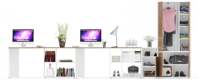 Лидер-8 Стол + Стол + Шкаф МД 20Б + Тумба МД 3.19, цвет белый шагрень/крафт золото, ШхГхВ 450х50/37,5х75/190 или 230х200/50х75/190 см., НЕ ун. сб.