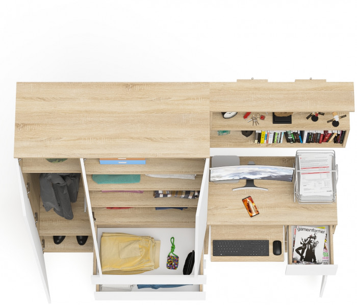 Мори Стол компьютерный МС-1 правый + Шкаф МШ1200.1 + Полка 900, цвет дуб сонома/белый, ШхГхВ 210,4х50,4х209,6 см., НЕ универсальная сборка