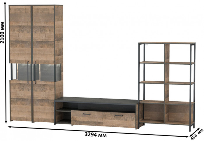 Трувор Гостиная 030, цвет дуб гранж песочный/интра, ШхГхВ 329,4х45,4х210 см., универсальная сборка
