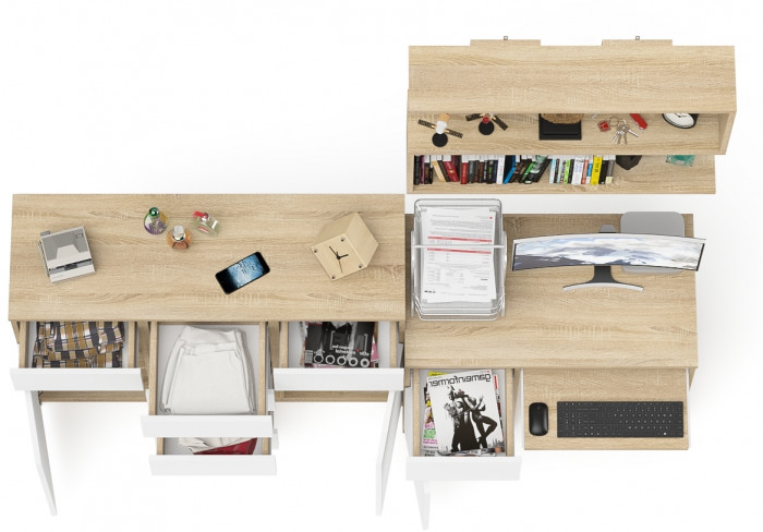 Мори Стол компьютерный МС-1 левый + Комод МК1200.4 + Полка 900, цвет дуб сонома/белый, ШхГхВ 210,4х50х209,6 см., НЕ универсальная сборка