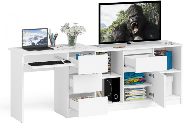 Мори компьютерный стол МС-6 правый + Тумба МТВ1204.1, белый