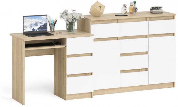 Мори Стол компьютерный МС-6 правый + Комод МК1200.4, цвет дуб сонома/белый, ШхГхВ 210,4х50х94 см., выдвижные ящики справа, НЕ универсальная сборка
