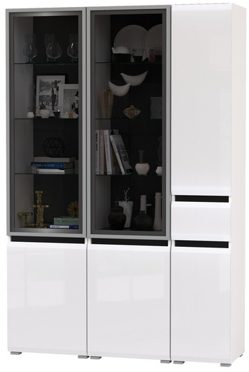 Сидней 13.201 Шкаф-витрина 2 штуки + Шкаф с ящиком 13.202, корпус: белый/чёрный/фасады: МДФ белый глянец/стекло