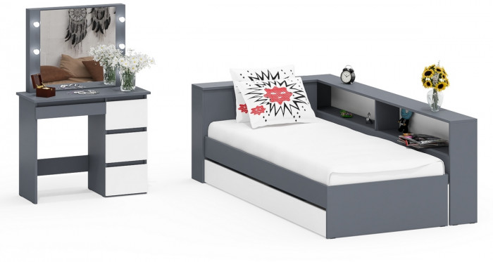 Ксения Кровать с ящиками 0900 + прикроватный блок + Столик с подсветкой Сура, графит/белый
