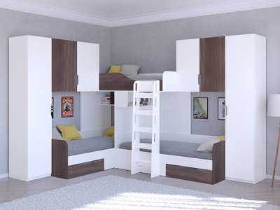 Трехместная кровать ТРИО/3 Белый/Дуб Шамони