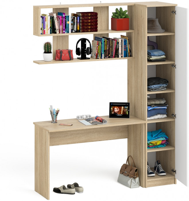 Мори письменный стол МСП1200.1 + Пенал МШ400.1 + Полка 1200, дуб сонома/белый