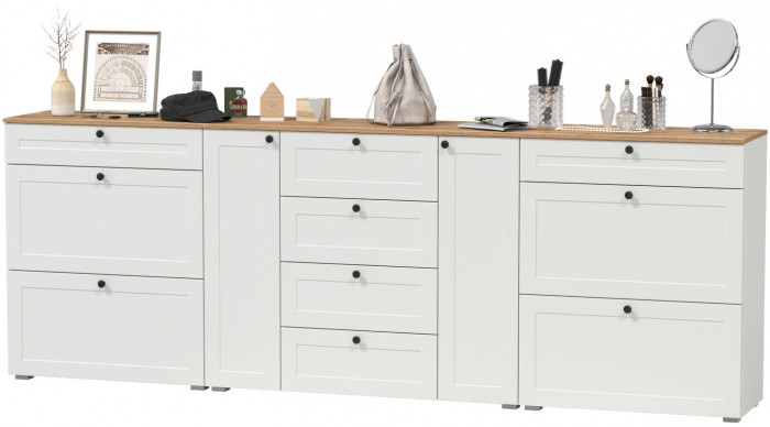 Остин 16.221 Комод + 16.121 Тумба для обуви + 16.121 Тумба для обуви, белый шагрень/дуб крафт золотой