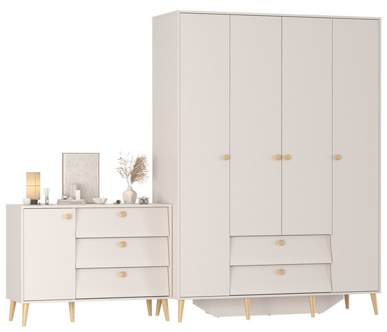 Афина Спальня Шкаф 4-х дверный + Комод с дверкой и тремя ящиками, цвет кашемир серый, ШхГхВ 160х56,3х220 + 110х45,3х83 см., универсальная сборка