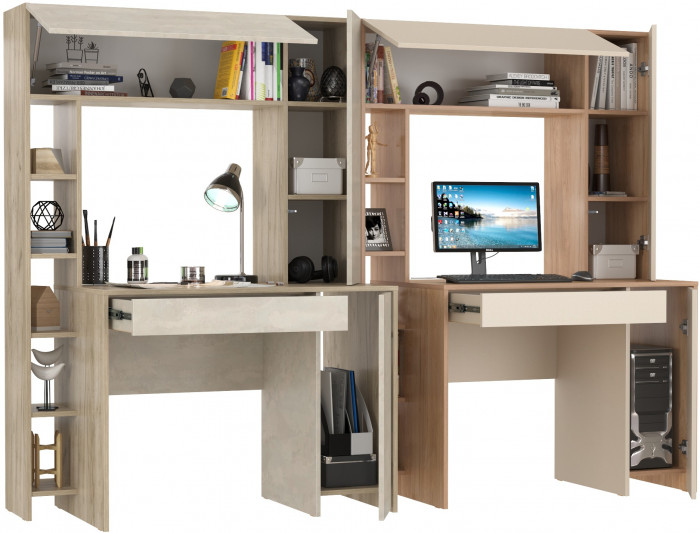 КР100 Два стола компьютерных Комфорт 12.71, цвет дуб крафт серый/шёлковый камень/гикори рокфорд натуральный/сатин, 233,4х60,2х165,4 см., НЕ ун. сб.