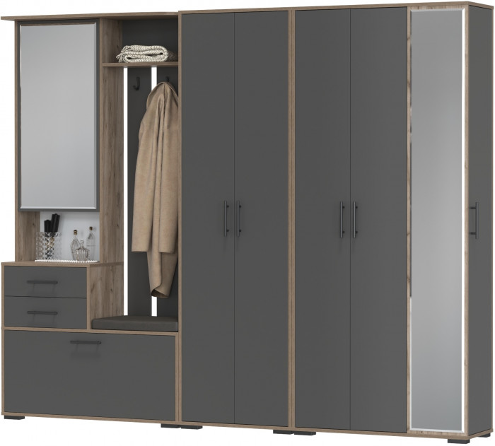 Прихожая Домино 6, цвет дуб крафт табачный/графит, ШхГхВ 248х36х202 см., универсальная сборка