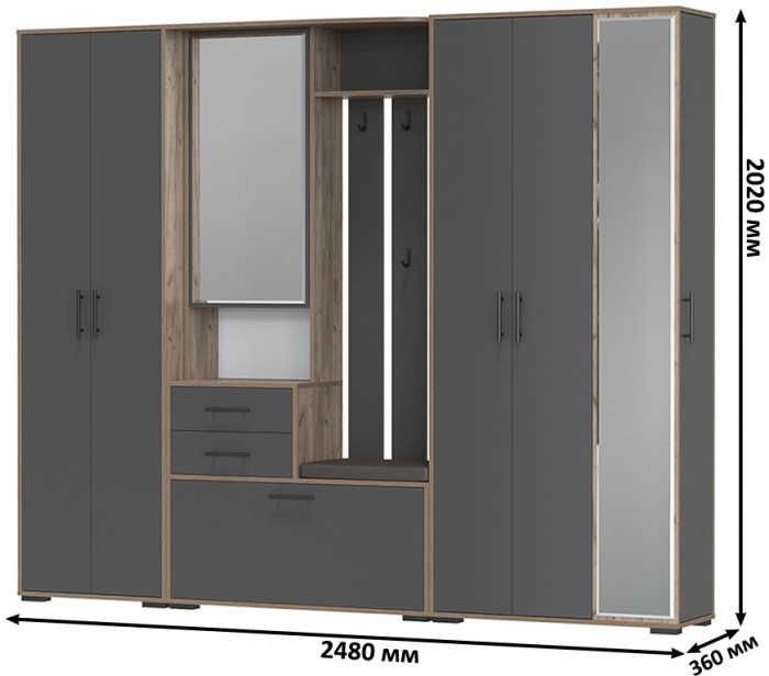 Прихожая Домино 6, цвет дуб крафт табачный/графит, ШхГхВ 248х36х202 см., универсальная сборка