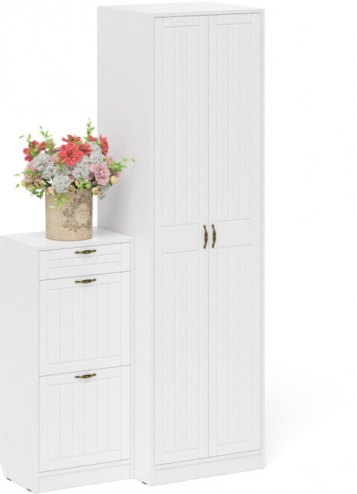 Прихожая П-6 Компоновка № 16, цвет белая шагрень/фасады МДФ белое дерево фрезеровка прованс, ШхГхВ 110х50х210 см., универсальная сборка