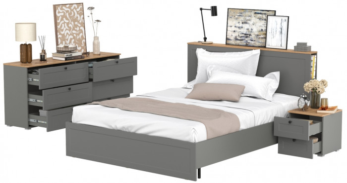 Остин 11.53 Кровать + ортопед + 16.240 Комод + 16.152 Тумба прикроватная, серый графит/дуб крафт золотой