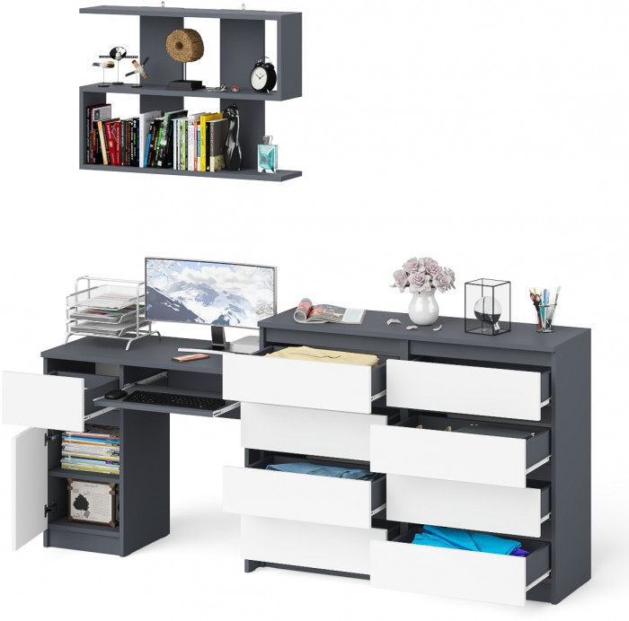 Мори компьютерный стол МС-1 левый + Комод МК1200.8 + Полка 900, графит/белый