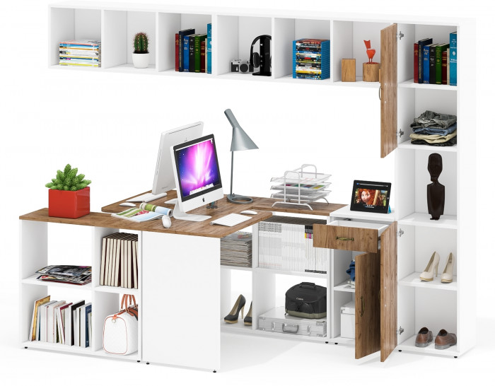 Лидер-8 Стол + Полка + Стол + Полка + Пенал + Тумба МД 3.15, цвет белый шагрень/крафт золото, 410х50/30х75/190 или 230х50/160х75/190 см., НЕ ун. сб.