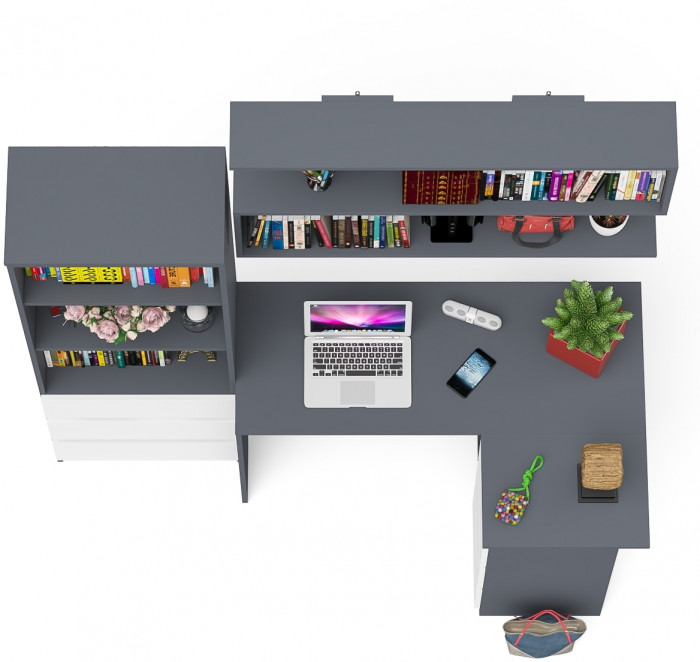 Мори компьютерный стол МС-16 правый + Стеллаж МСТ600.3 + Полка 1200, графит/белый