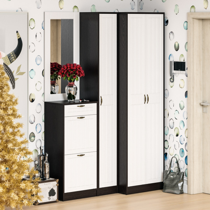 Прихожая П-6 Тумба для обуви 2 секции, венге/фасады МДФ белое дерево фрезеровка прованс