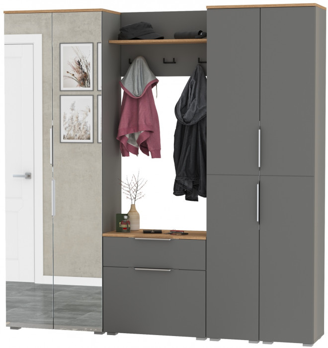 Октава Прихожая 29, цвет серый графит/дуб крафт золотой/фасады МДФ серый графит, ШхГхВ 193,7х35,4х197,6 см., универсальная сборка