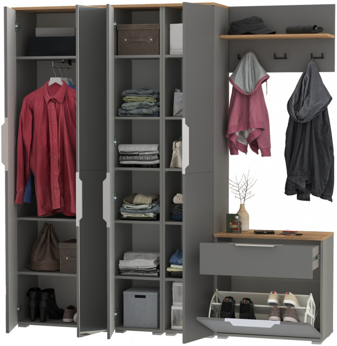 Октава Прихожая 29, цвет серый графит/дуб крафт золотой/фасады МДФ серый графит, ШхГхВ 193,7х35,4х197,6 см., универсальная сборка